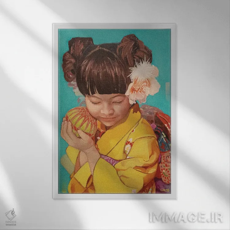 تابلو دکوراتیو نقاشی روغنی پرتره دختر با کیمونو اثر یوئه زنگ - نمای قابدار سفید