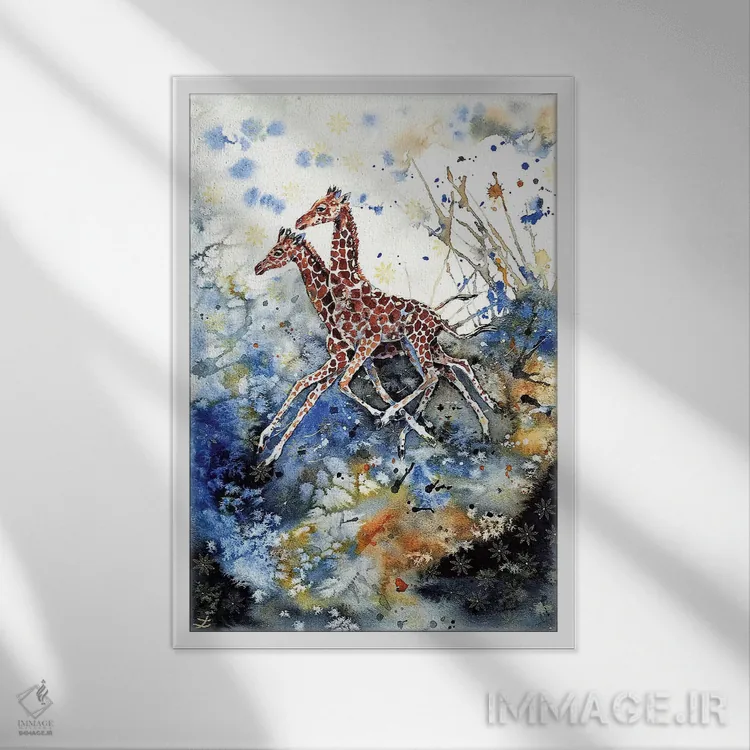 تابلو دکوراتیو بچه زرافه های بازیگوش دوران طلایی کودکی اثر زایرا ژائوبایوا - نمای قابدار سفید