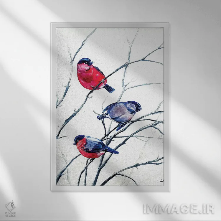 تابلو دکوراتیو فنچ زمستانی اوراسیایی اثر زایرا ژائوبایوا - نمای قابدار سفید