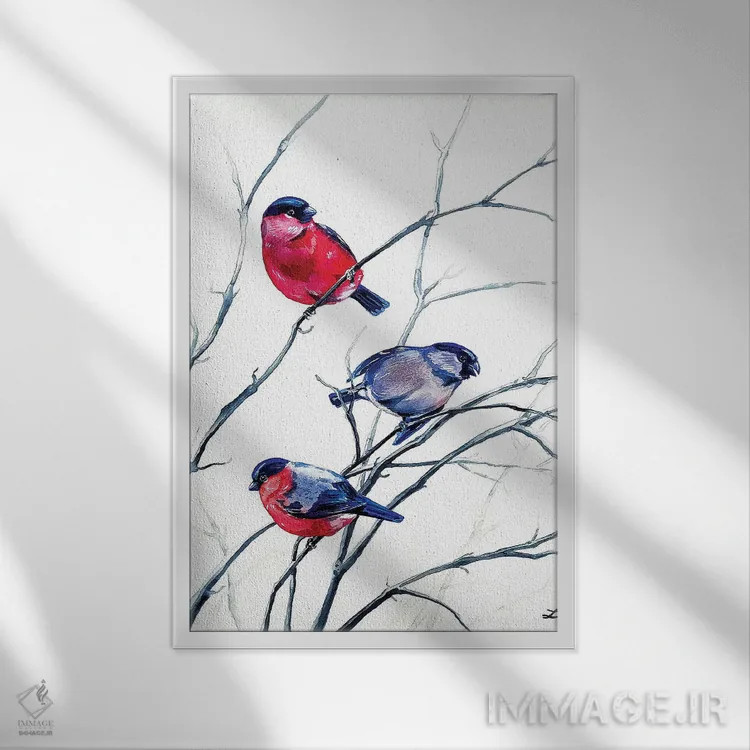 تابلو دکوراتیو فنچ زمستانی اوراسیایی اثر زایرا ژائوبایوا - نمای قابدار سفید