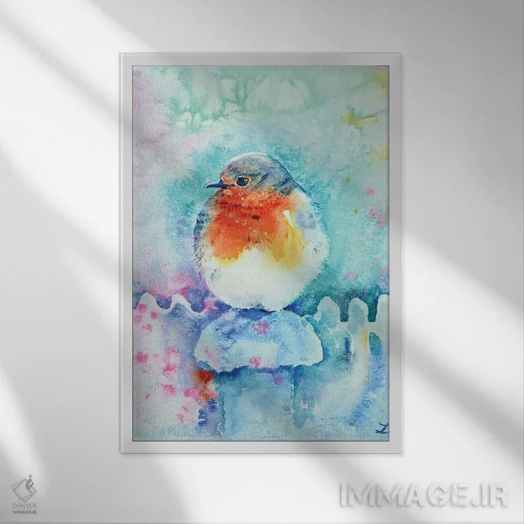 تابلو دکوراتیو سینه سرخ کریسمسی اثر زایرا ژائوبایوا - نمای قابدار سفید