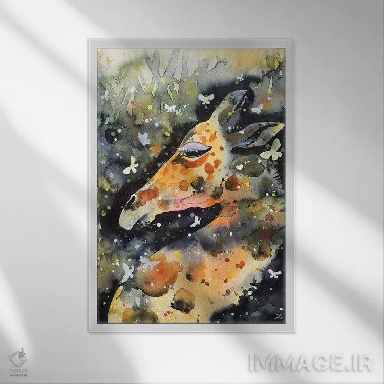 تابلو دکوراتیو زرافه و پروانه ها اثر زایرا ژائوبایوا - نمای قابدار سفید