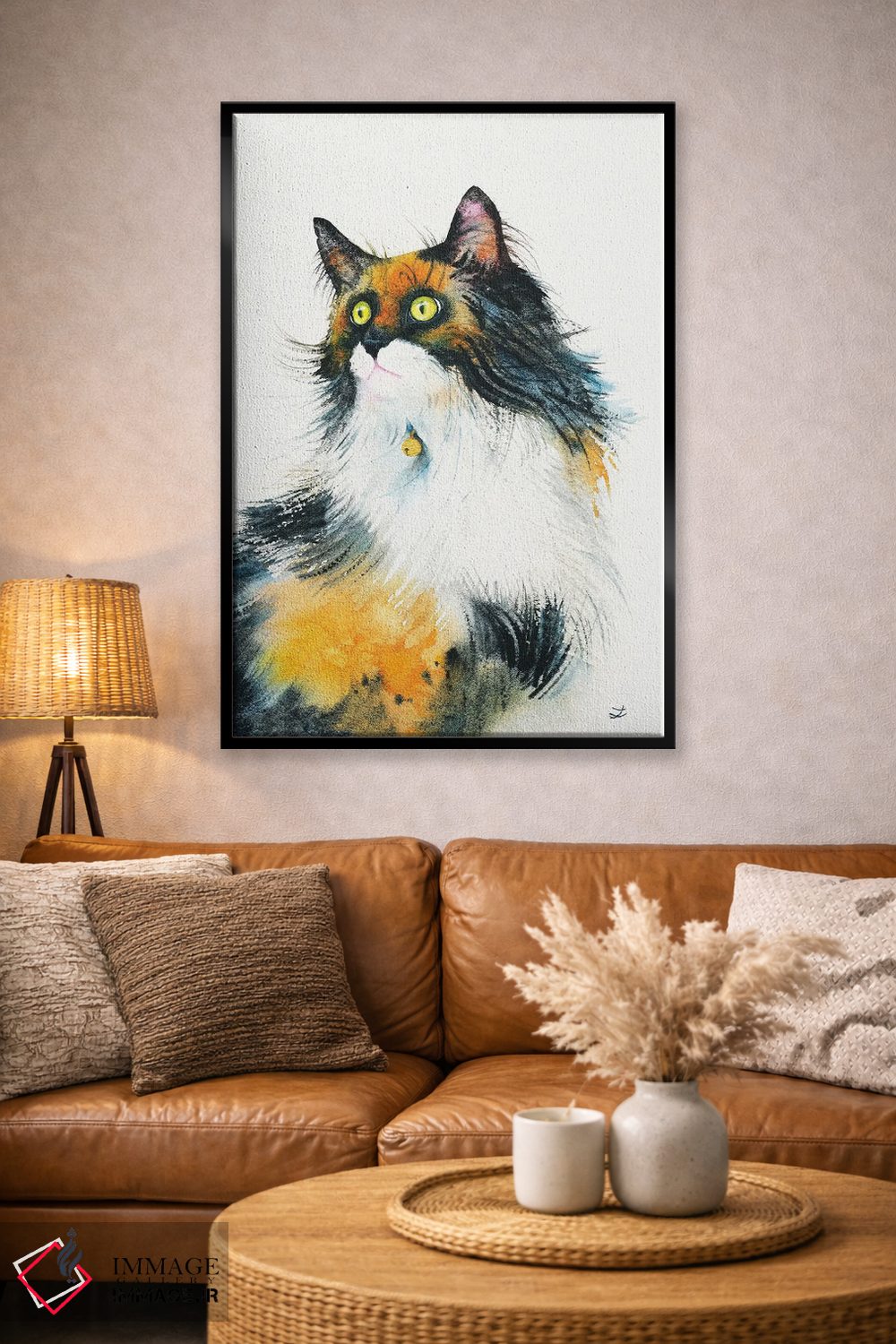 تابلو دکوراتیو گربه کالیکو با زنگ طلایی اثر زایرا ژائوبایوا - D5B