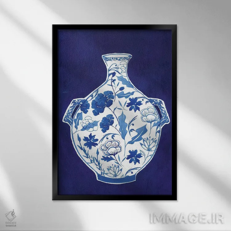تابلو دکوراتیو گلدان چینی نیلی I اثر ایزابل زد - نمای قابدار مشکی