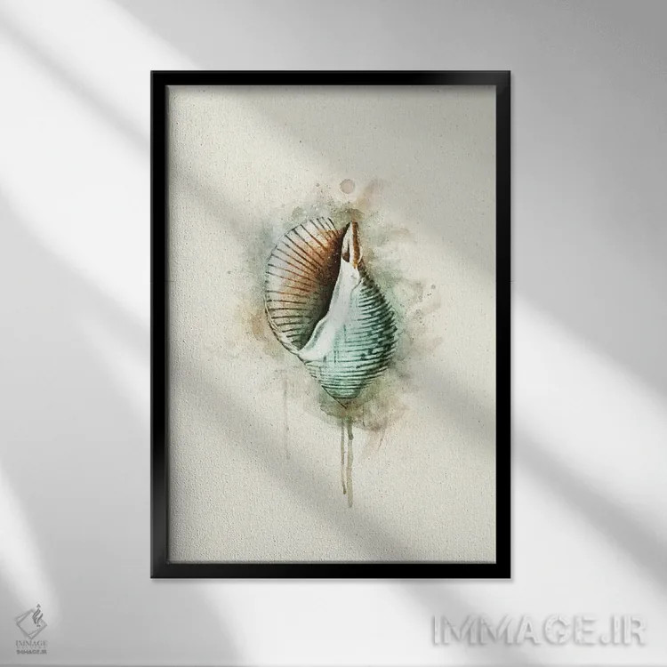 تابلو دکوراتیو صدف ساحلی گرمسیری با آبرنگ سبزآبی اثر کریستین زالفسکی - نمای قابدار مشکی