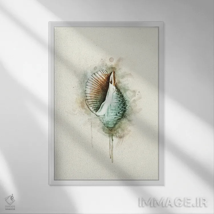 تابلو دکوراتیو صدف ساحلی گرمسیری با آبرنگ سبزآبی اثر کریستین زالفسکی - نمای قابدار سفید