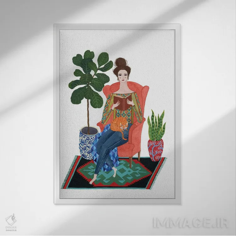 تابلو دکوراتیو بانوی گربه ها اثر زسالـتو - نمای قابدار سفید