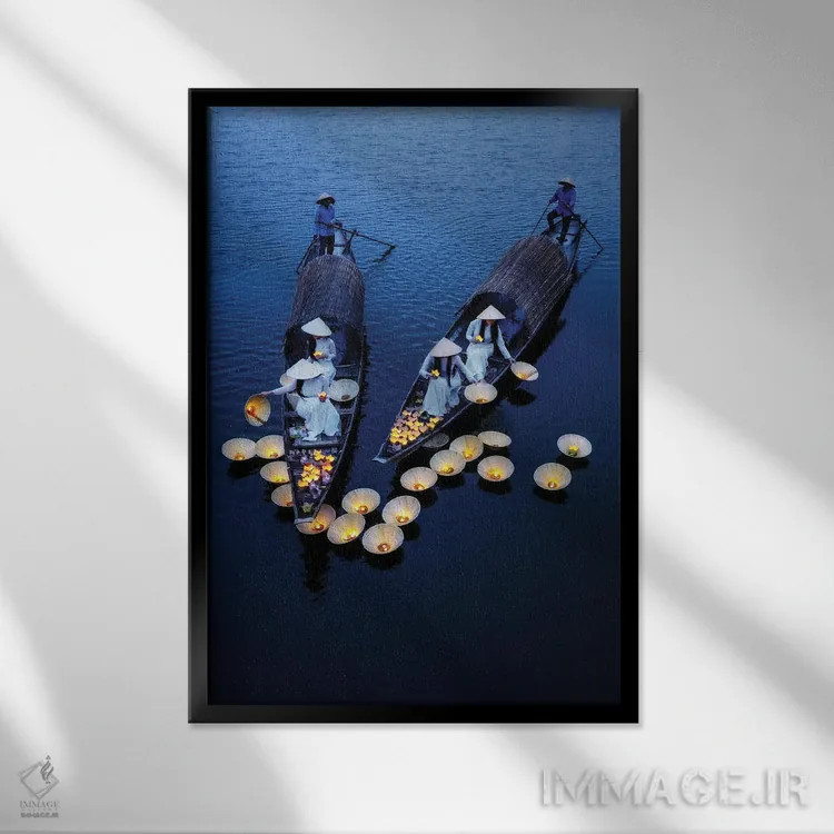 تابلو دکوراتیو رها کردن فانوس ها در رودخانه نو یی اثر زی یار لین - نمای قابدار مشکی