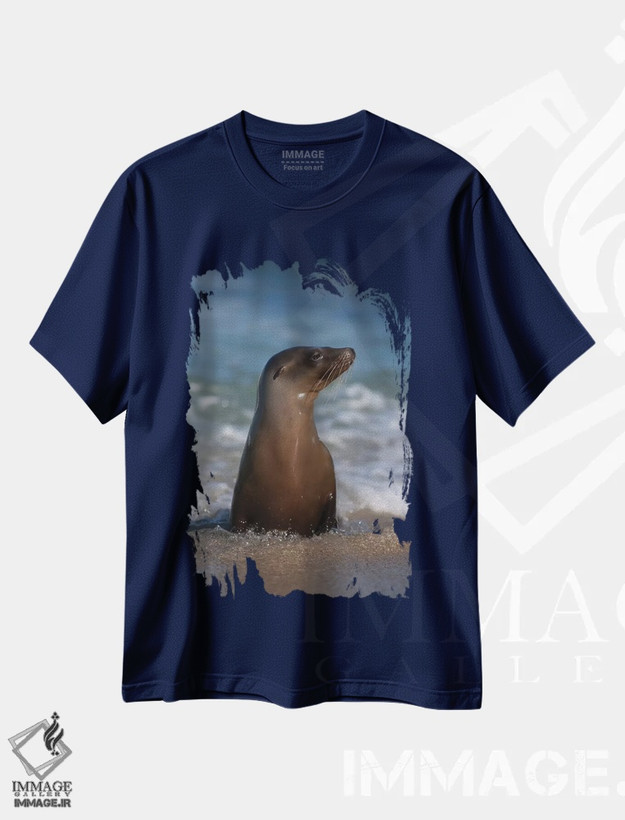تیشرت سرمه ای طرح دار California, La Jolla. Young sea lion in beach water.,آمریکا، کالیفرنیا، لا هویا. شیر دریایی جوان در آب ساحل اثر جینز گالری