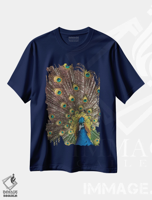 تیشرت سرمه ای طرح دار Oregon, Tillamook Peacock Displaying Tail Feathers,آمریکا، اورگن، نمایش پرهای دم طاووس در تیلاموک اثر دارل گالین