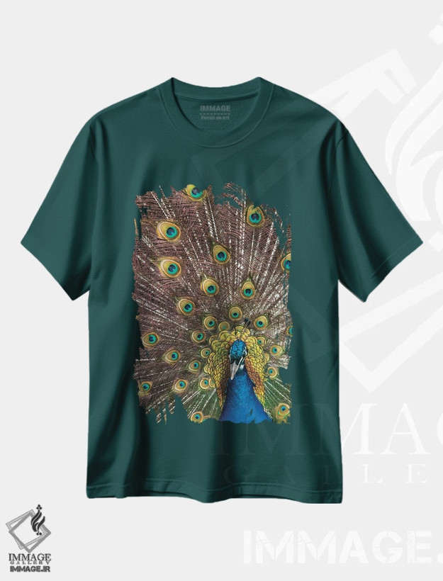 تیشرت سبز طرح دار Oregon, Tillamook Peacock Displaying Tail Feathers,آمریکا، اورگن، نمایش پرهای دم طاووس در تیلاموک اثر دارل گالین