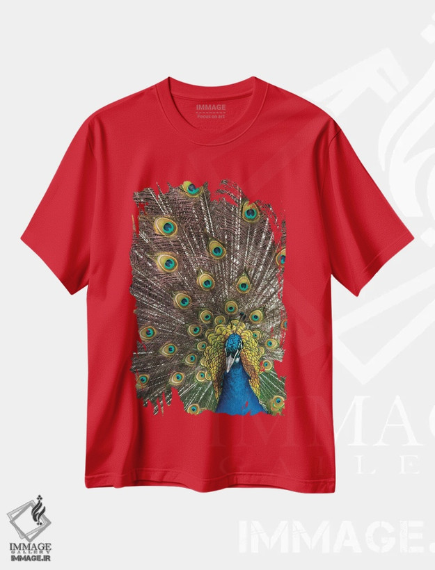 تیشرت قرمز طرح دار Oregon, Tillamook Peacock Displaying Tail Feathers,آمریکا، اورگن، نمایش پرهای دم طاووس در تیلاموک اثر دارل گالین