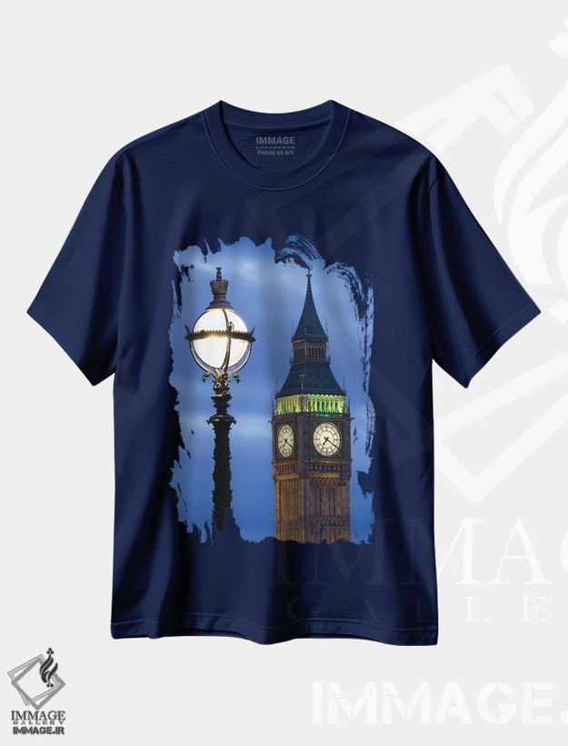 تیشرت سرمه ای طرح دار Great Britain, London, Big Ben. Clock Tower Lamp Post.,اروپا، بریتانیا، لندن، بیگ بن. چراغ پایه جلوی برج ساعت اثر جینز گالری