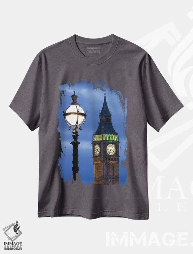 تیشرت طوسی طرح دار Great Britain, London, Big Ben. Clock Tower Lamp Post.,اروپا، بریتانیا، لندن، بیگ بن. چراغ پایه جلوی برج ساعت اثر جینز گالری