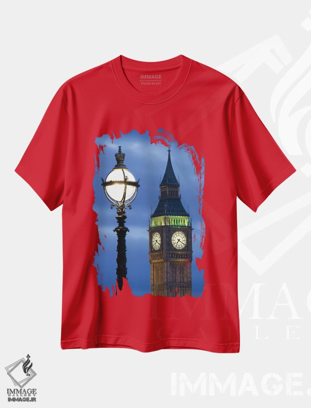 تیشرت قرمز طرح دار Great Britain, London, Big Ben. Clock Tower Lamp Post.,اروپا، بریتانیا، لندن، بیگ بن. چراغ پایه جلوی برج ساعت اثر جینز گالری