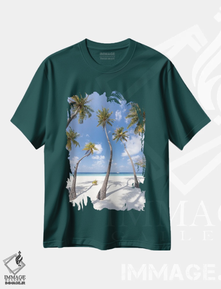 تیشرت سبز طرح دار Maldives,درختان نخل در ساحل، مالدیو اثر یان بکه