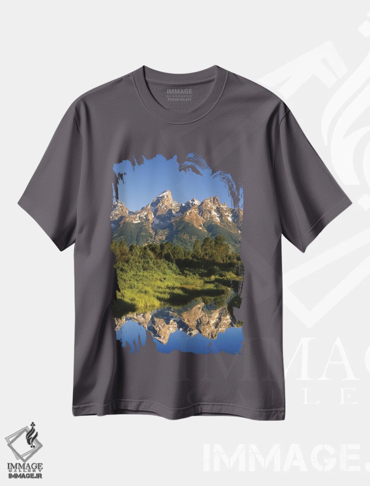 تیشرت طوسی طرح دار Wyoming, Grand Teton National Park. Grand Tetons reflect in Snake River.,ایالات متحده، وایومینگ، پارک ملی گرند تتون. انعکاس کوه های گرند تتون در رودخانه اسنیک. اثر جینز گالری