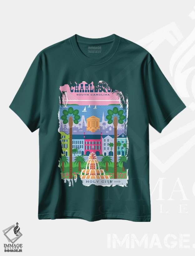 تیشرت سبز طرح دار پوستر سفر چارلستون اثر جیم زانیسر