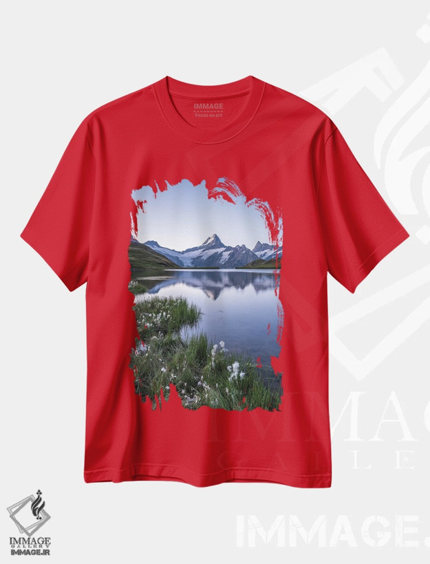 تیشرت قرمز طرح دار Grindelwald, Swiss Alps, Switzerland,دریاچه باخالپزه در یک صبح تابستانی، گریندوالد، آلپ سوئیس، سوئیس اثر یان بکه