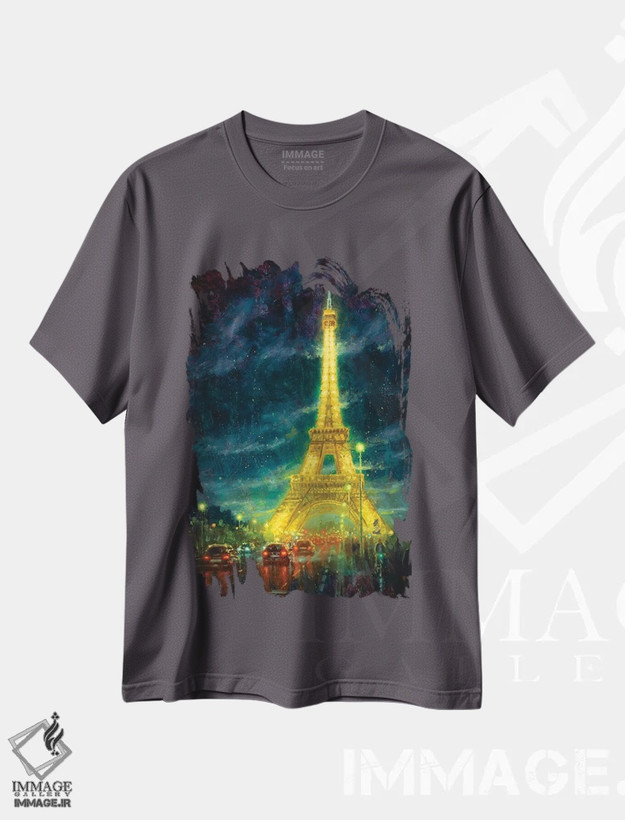 تیشرت طوسی طرح دار Eiffel Tower Glow,پاریس، درخشش برج ایفل اثر کریستوفر کلارک
