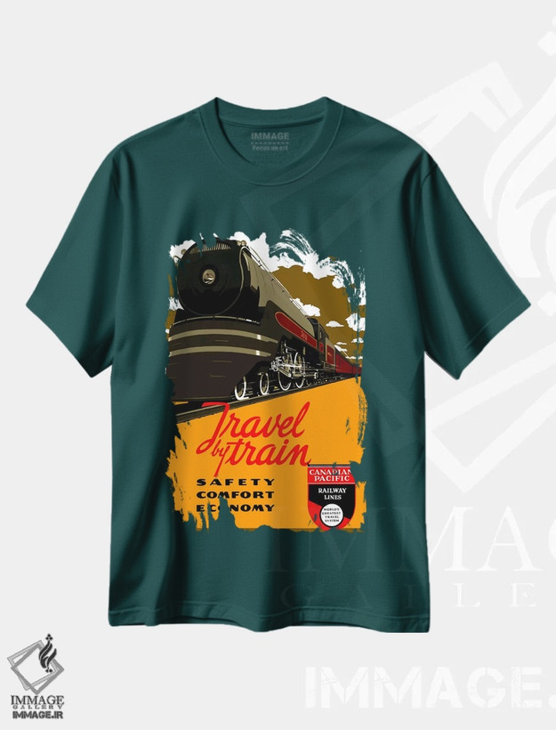 تیشرت سبز طرح دار پوستر تبلیغاتی قدیمی سفر با قطار اثر هنرمند ناشناس