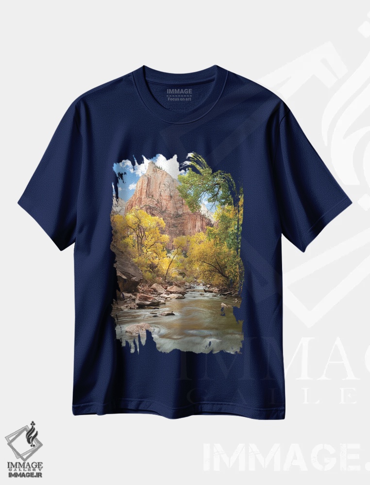 تیشرت سرمه ای طرح دار Utah, Zion National Park. American Dipper. Fall Foliage Near Virgin River.,آمریکا، یوتا، پارک ملی زایون. پرنده American Dipper. برگ ریزان پاییزی نزدیک رود ویرجین اثر گرگ وینستون