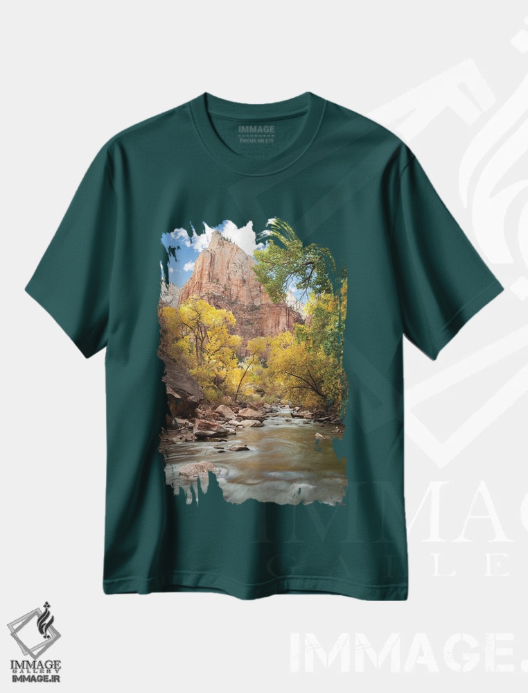 تیشرت سبز طرح دار Utah, Zion National Park. American Dipper. Fall Foliage Near Virgin River.,آمریکا، یوتا، پارک ملی زایون. پرنده American Dipper. برگ ریزان پاییزی نزدیک رود ویرجین اثر گرگ وینستون