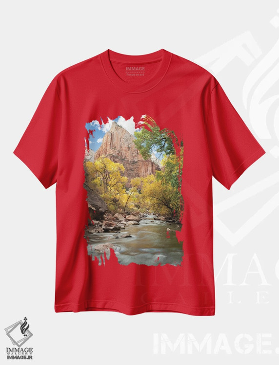 تیشرت قرمز طرح دار Utah, Zion National Park. American Dipper. Fall Foliage Near Virgin River.,آمریکا، یوتا، پارک ملی زایون. پرنده American Dipper. برگ ریزان پاییزی نزدیک رود ویرجین اثر گرگ وینستون