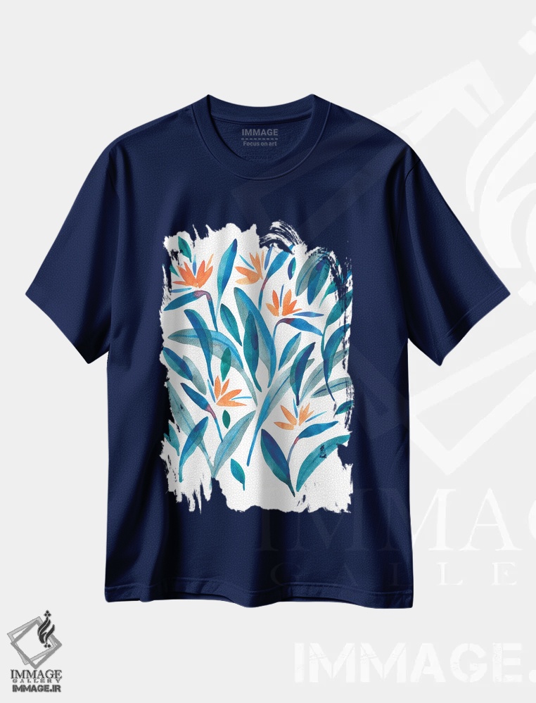 تیشرت سرمه ای طرح دار گل پرنده بهشتی شماره دو اثر کامیلا خونکوس