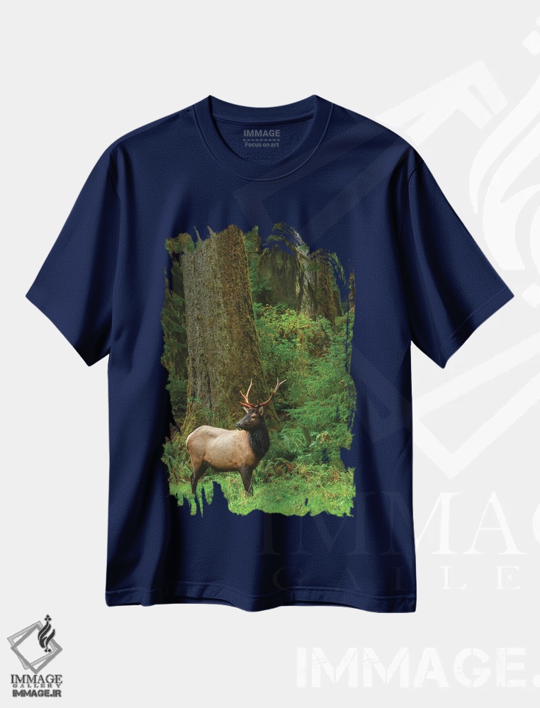 تیشرت سرمه ای طرح دار Pacific Northwest Rainforest I,گوزن شاخ پهن روزولت نر، جنگل بارانی شمال غربی اقیانوس آرام اثر کن آرچر