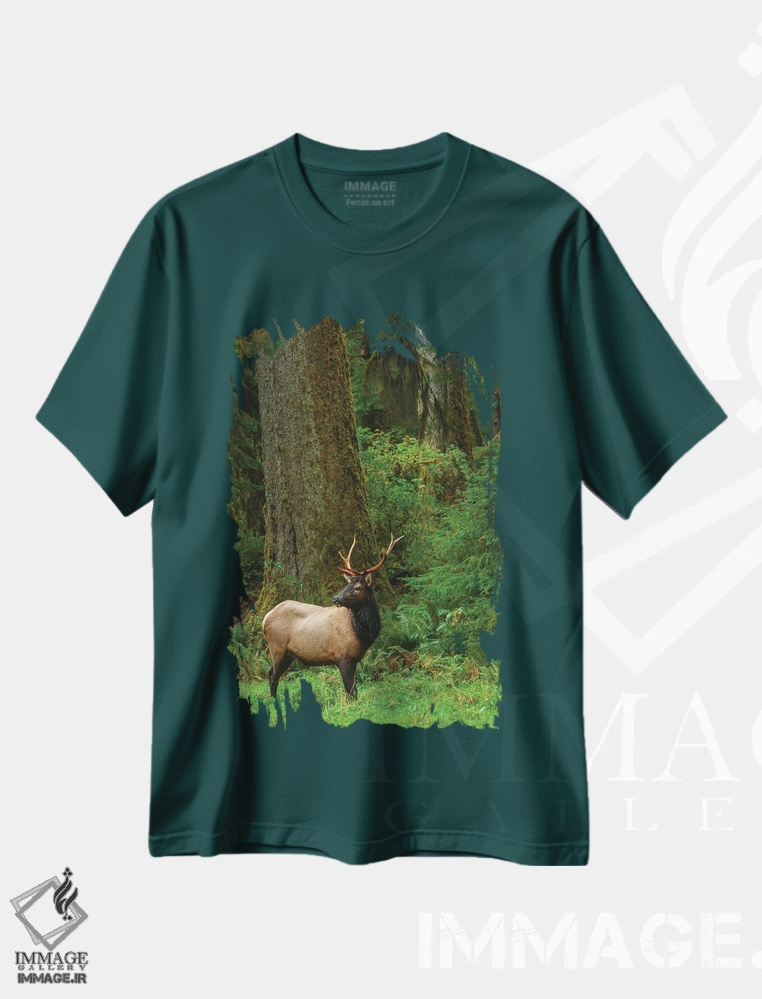 تیشرت سبز طرح دار Pacific Northwest Rainforest I,گوزن شاخ پهن روزولت نر، جنگل بارانی شمال غربی اقیانوس آرام اثر کن آرچر