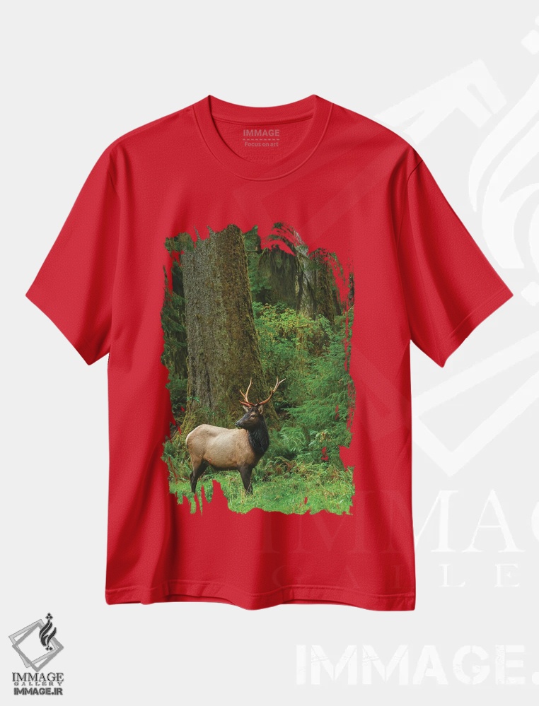 تیشرت قرمز طرح دار Pacific Northwest Rainforest I,گوزن شاخ پهن روزولت نر، جنگل بارانی شمال غربی اقیانوس آرام اثر کن آرچر