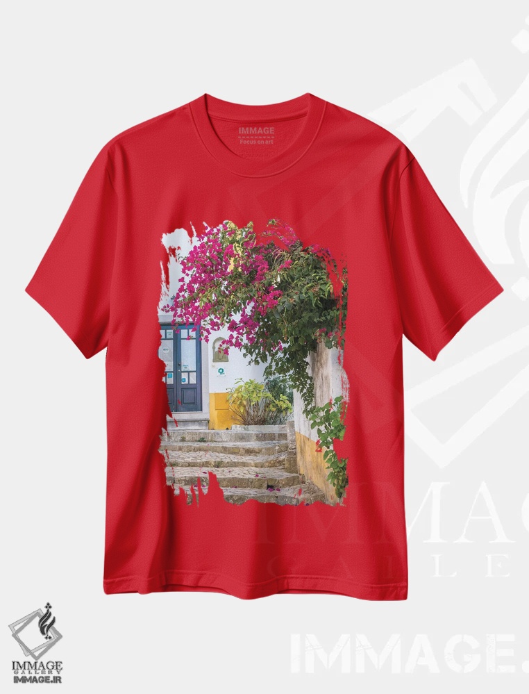 تیشرت قرمز طرح دار Portugal, Obidos, Portugal,شکوفه های زیبای گل کاغذی در شهر یک، اوبیدوش، پرتغال اثر جولی اگِرز
