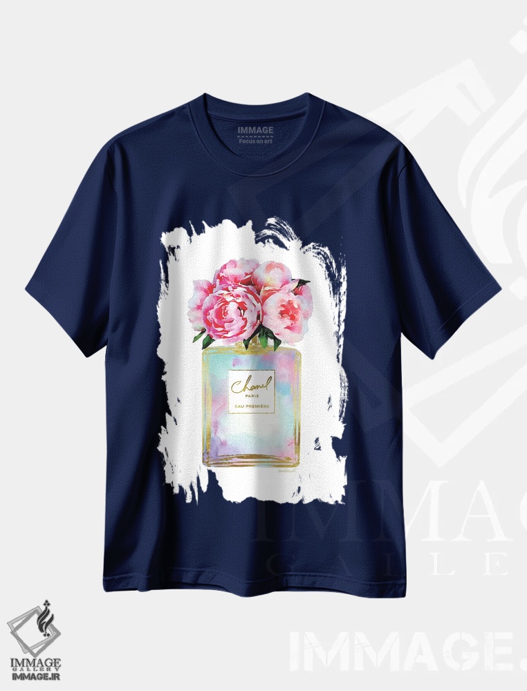تیشرت سرمه ای طرح دار Mint, Purple, And Pink Perfume With Peonies,عطر طلایی، نعناعی، بنفش و صورتی با گل صدتومانی اثر آماندا گرینوود