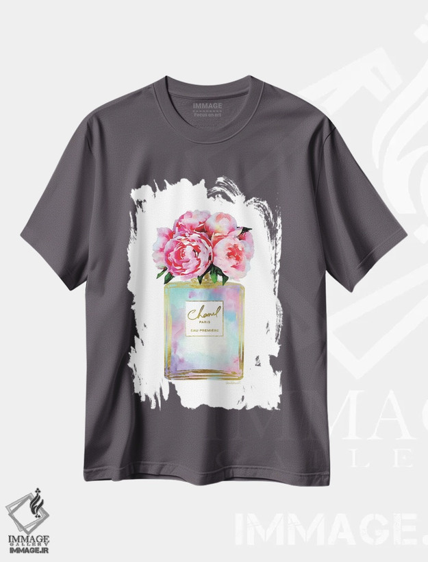 تیشرت طوسی طرح دار Mint, Purple, And Pink Perfume With Peonies,عطر طلایی، نعناعی، بنفش و صورتی با گل صدتومانی اثر آماندا گرینوود