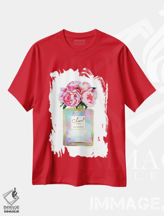 تیشرت قرمز طرح دار Mint, Purple, And Pink Perfume With Peonies,عطر طلایی، نعناعی، بنفش و صورتی با گل صدتومانی اثر آماندا گرینوود