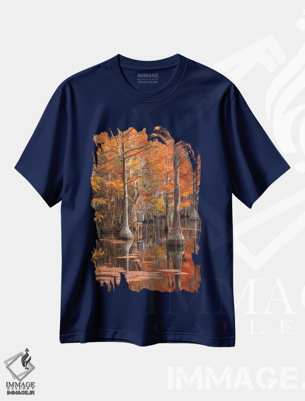 تیشرت سرمه ای طرح دار George Smith State Park, Georgia. Fall cypress trees with wood duck box.,آمریکا، پارک ایالتی جرج اسمیت، جورجیا. درختان سرو پاییزی همراه با جعبه اردک چوبی اثر جوآن ولز