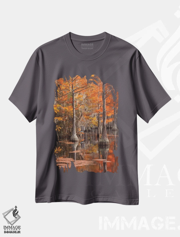 تیشرت طوسی طرح دار George Smith State Park, Georgia. Fall cypress trees with wood duck box.,آمریکا، پارک ایالتی جرج اسمیت، جورجیا. درختان سرو پاییزی همراه با جعبه اردک چوبی اثر جوآن ولز