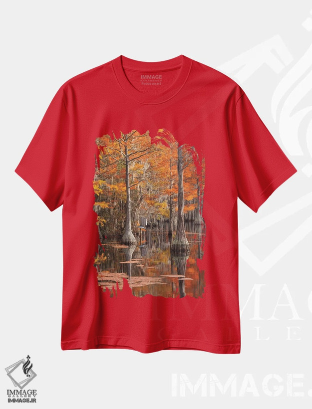 تیشرت قرمز طرح دار George Smith State Park, Georgia. Fall cypress trees with wood duck box.,آمریکا، پارک ایالتی جرج اسمیت، جورجیا. درختان سرو پاییزی همراه با جعبه اردک چوبی اثر جوآن ولز