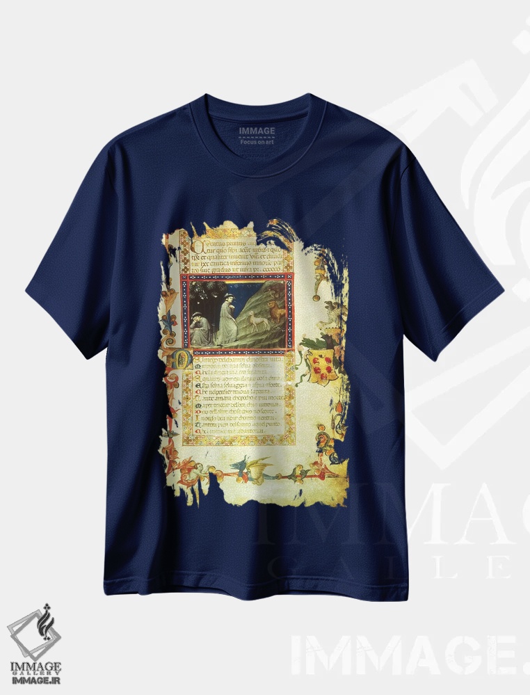 تیشرت سرمه ای طرح دار miniature from Divine Comedy, by Dante Alighieri,نخستین صفحه از اولین سرود دوزخ، نگاره از کمدی الهی، اثر دانته آلیگیری اثر دانته آلیگیری