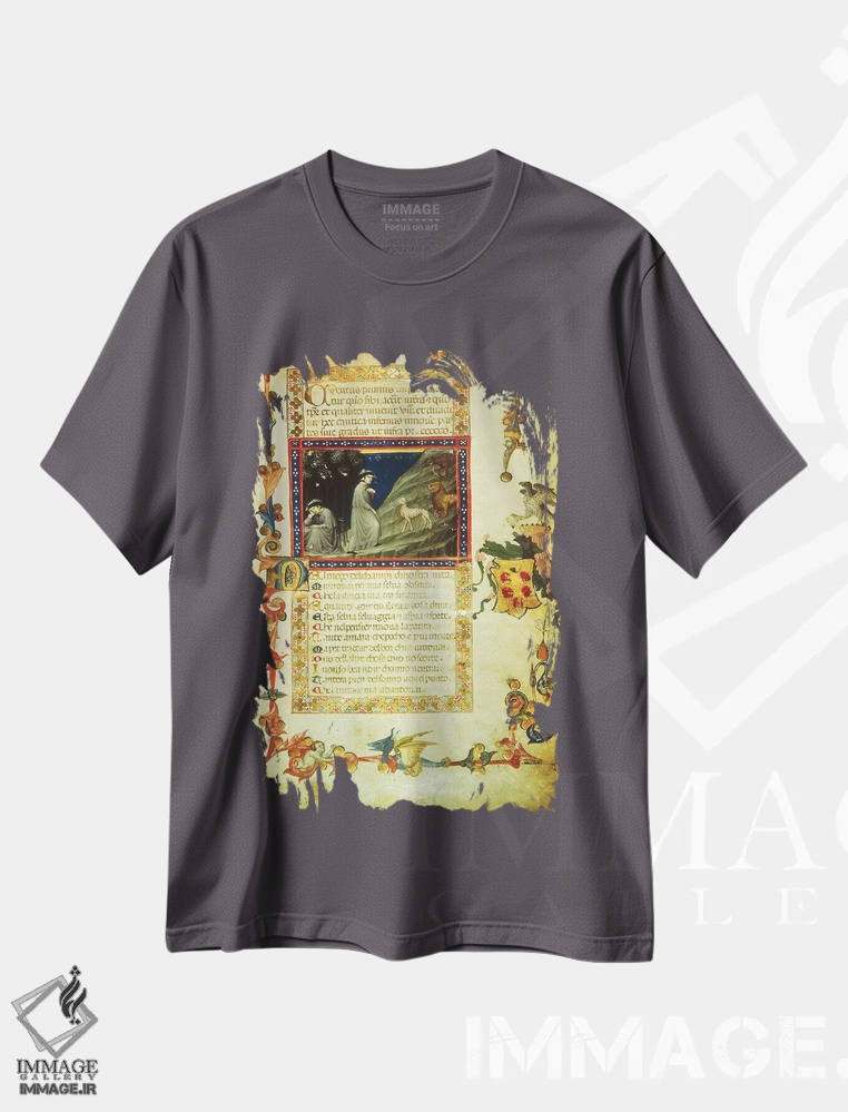 تیشرت طوسی طرح دار miniature from Divine Comedy, by Dante Alighieri,نخستین صفحه از اولین سرود دوزخ، نگاره از کمدی الهی، اثر دانته آلیگیری اثر دانته آلیگیری