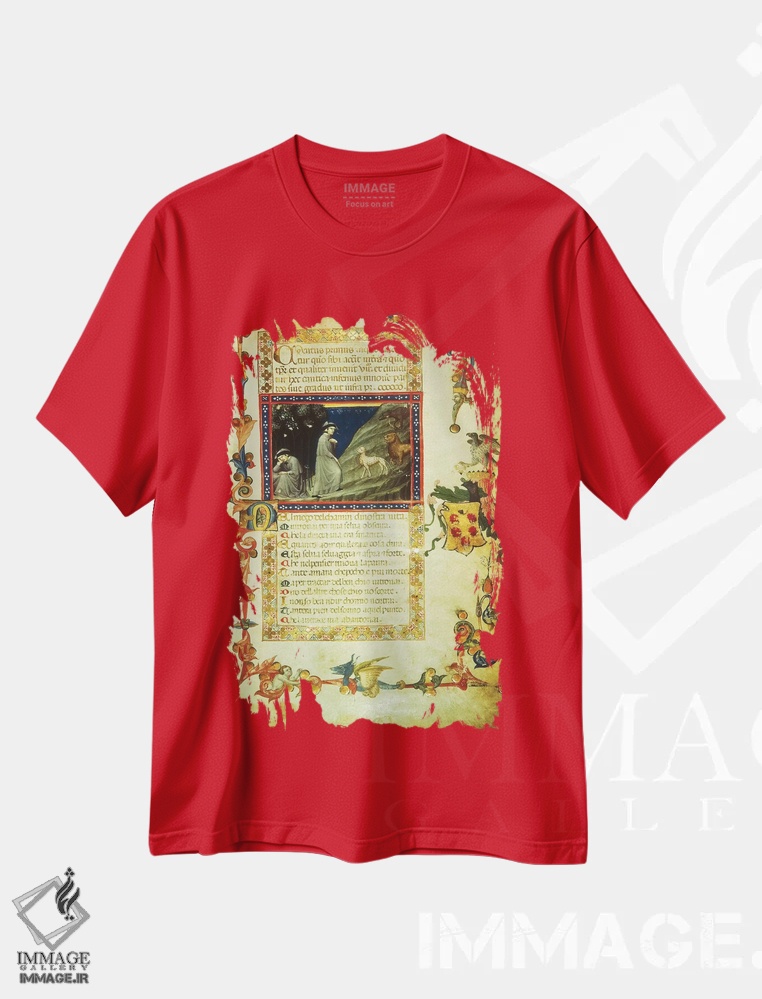 تیشرت قرمز طرح دار miniature from Divine Comedy, by Dante Alighieri,نخستین صفحه از اولین سرود دوزخ، نگاره از کمدی الهی، اثر دانته آلیگیری اثر دانته آلیگیری