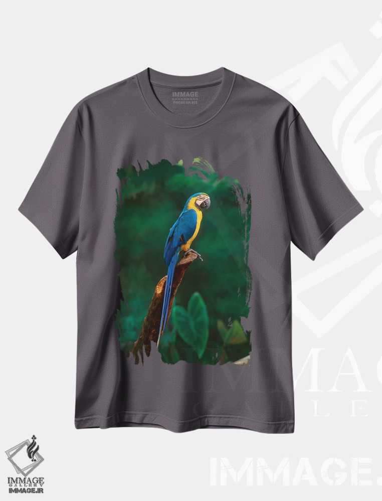 تیشرت طوسی طرح دار At Jurong Bird Park,سنگاپور. طوطی ماکائو در پارک پرندگان جورونگ اثر هنرمند ناشناس