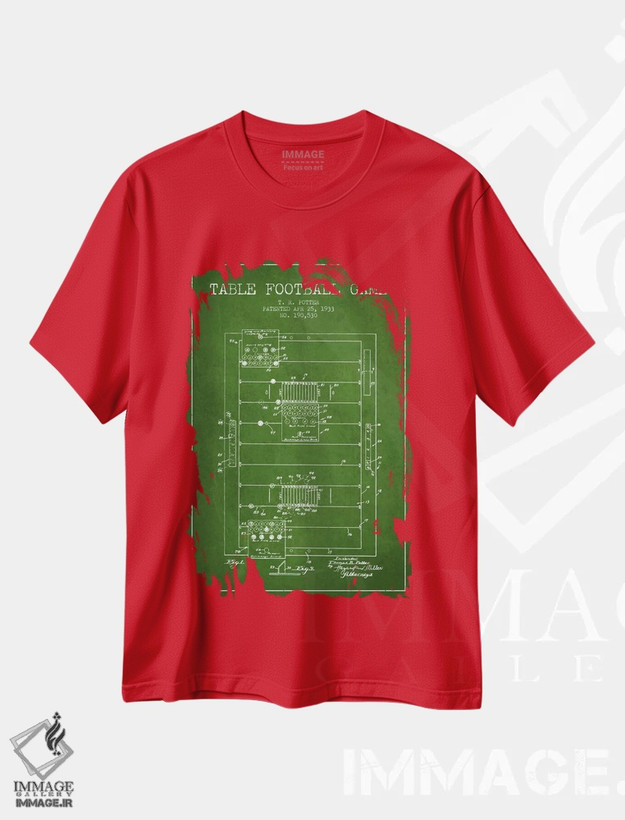 تیشرت قرمز طرح دار نقشهٔ ثبت اختراع فوتبال رومیزی سبز اثر پیکسل کهنه