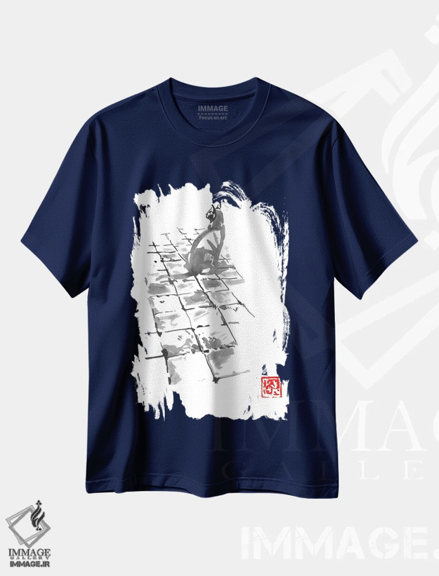 تیشرت سرمه ای طرح دار گربه روی پیاده رو اثر پِشان