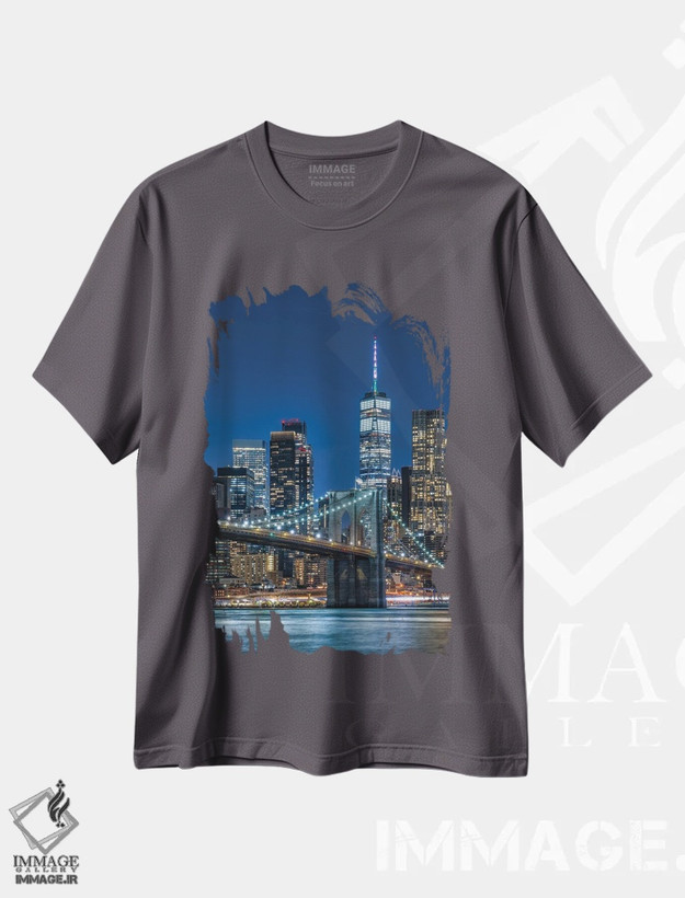 تیشرت طوسی طرح دار New York City,پل بروکلین و نمای افق منهتن جنوبی در شب، نیویورک اثر یان بکه