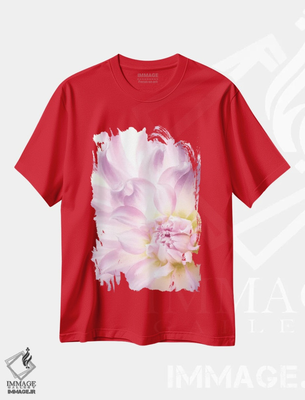 تیشرت قرمز طرح دار Washington State, Seabeck. Dahlia blossom close-up I,ایالات متحده، ایالت واشینگتن، سیبک. نمای نزدیک شکوفهٔ گل دالیا I اثر جینز گالری