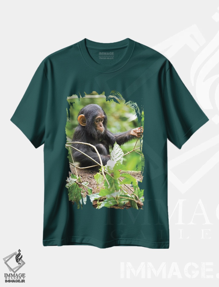 تیشرت سبز طرح طبیعت ,Uganda, Kibale National Park. An infant chimpanzee plays with a stick.,آفریقا، اوگاندا، پارک ملی کیباله. یک شامپانزه نوزاد با چوب بازی می کند اثر کریستین موشر