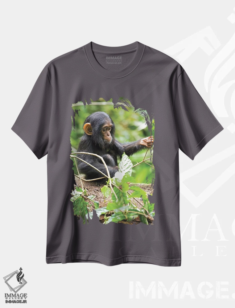 تیشرت طوسی طرح طبیعت ,Uganda, Kibale National Park. An infant chimpanzee plays with a stick.,آفریقا، اوگاندا، پارک ملی کیباله. یک شامپانزه نوزاد با چوب بازی می کند اثر کریستین موشر