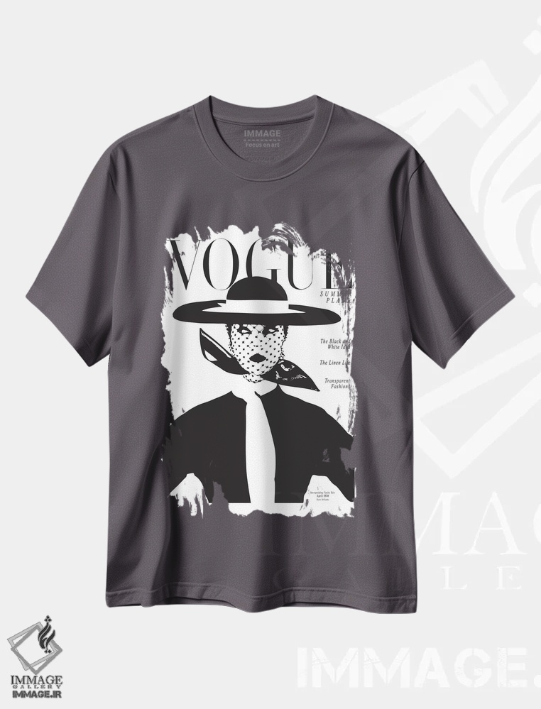 تیشرت طوسی طرح دار Black And White Fashion Print,جلد قدیمی ووگ، چاپ مد سیاه و سفید اثر هانی مون هتل